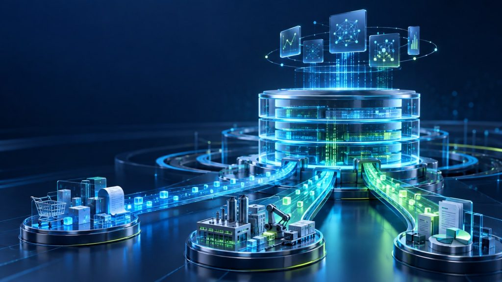 Illustration of three business data streams joining a governed platform before one modest AI decision layer