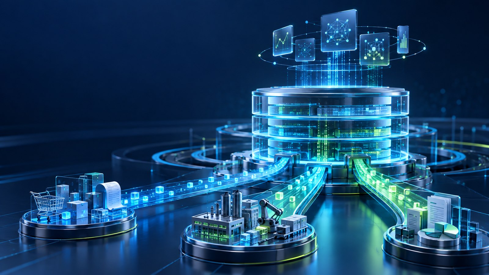 Illustration of three business data streams joining a governed platform before one modest AI decision layer