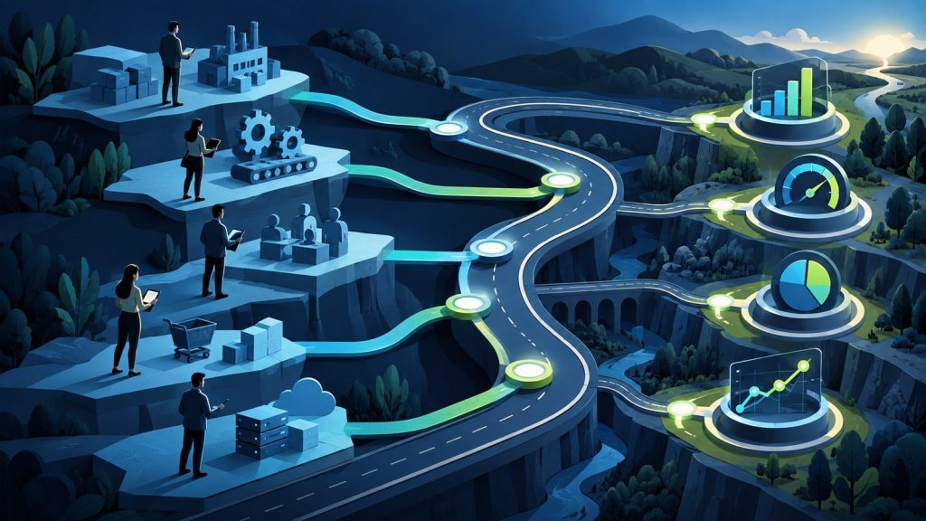 Illustration of a roadmap table connecting named process owners to a small set of meaningful measurement instruments