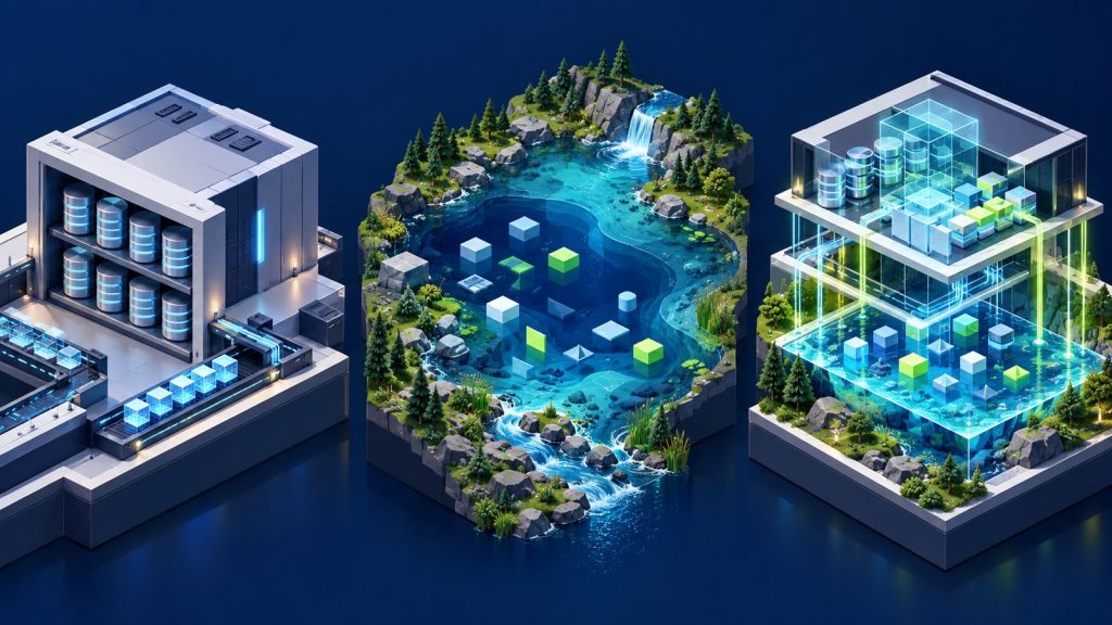 Illustration of three contrasting information architectures as a raw reservoir, structured warehouse and unified lakehouse