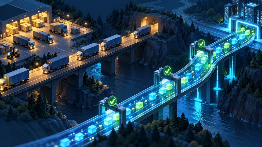 Illustration of two transport paths side by side, scheduled cargo batches and continuous event stream with reliability checkpoints