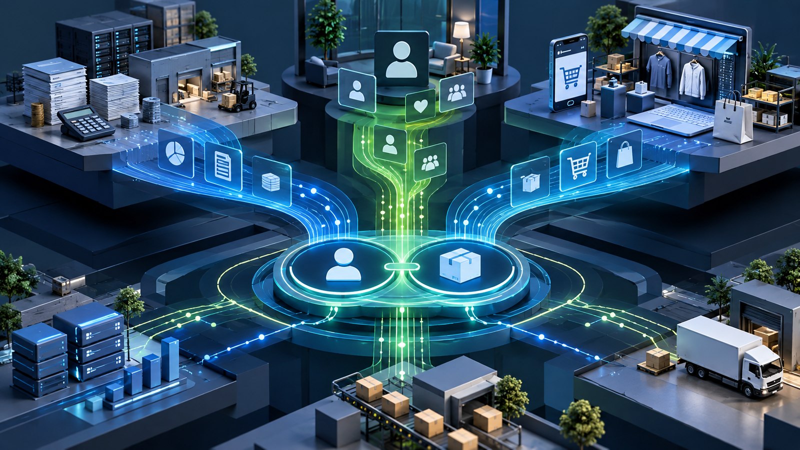 Illustration of ERP ledger, customer CRM and storefront order streams converging into shared customer and order identities
