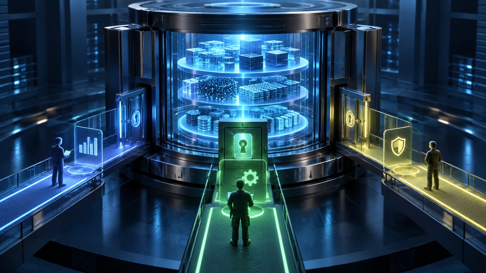 Illustration of layered data vault with distinct permitted analyst, operator and administrator access routes