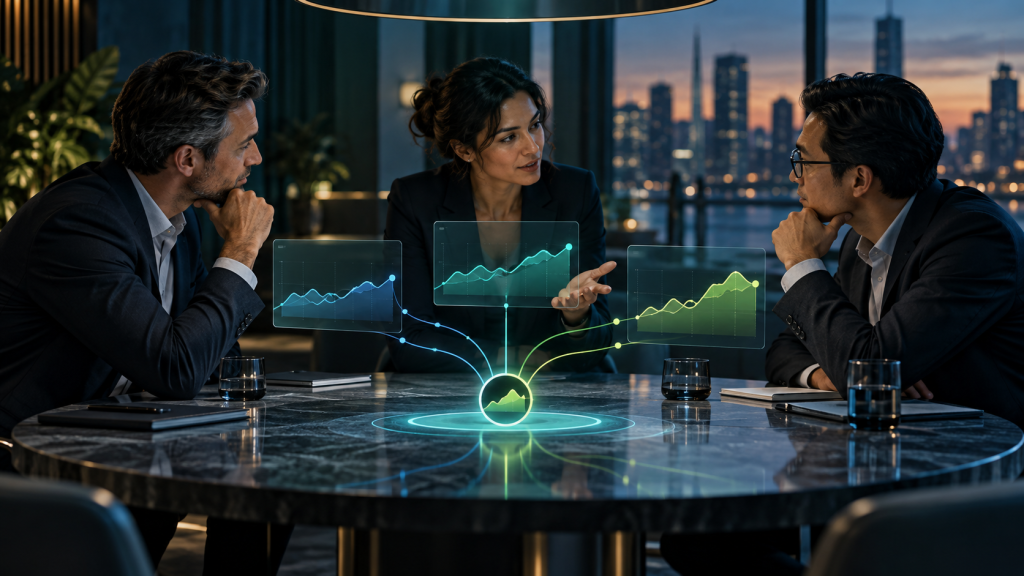 Leaders compare conflicting business measures at a decision table.