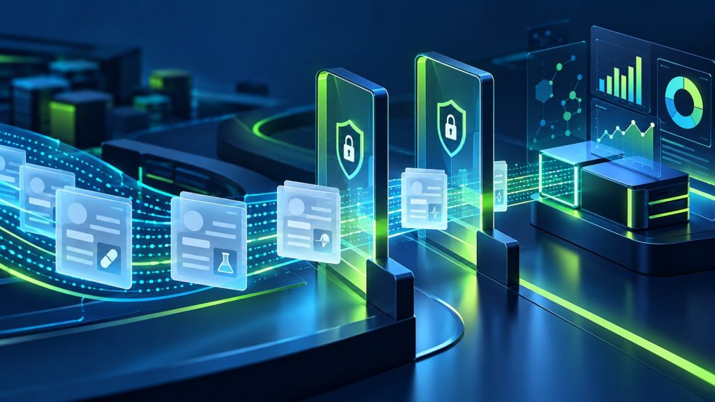 Illustration of identifiable patient and customer records protected by de-identification and access gates before analytics