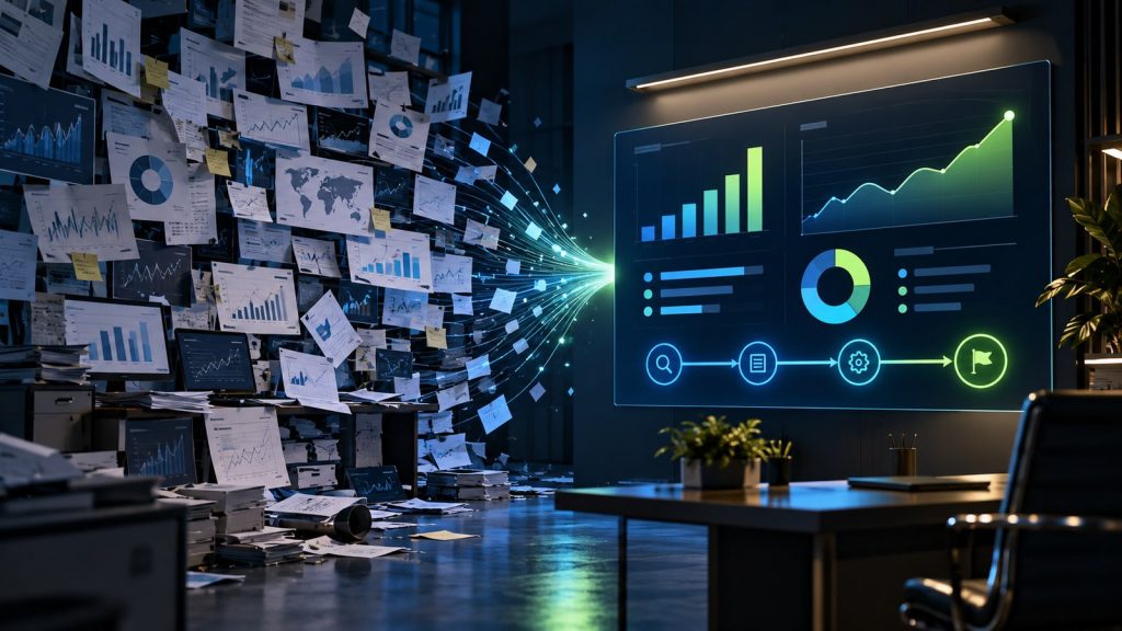 Illustration of cluttered wall of charts distilled into one clear decision board with a meaningful action path