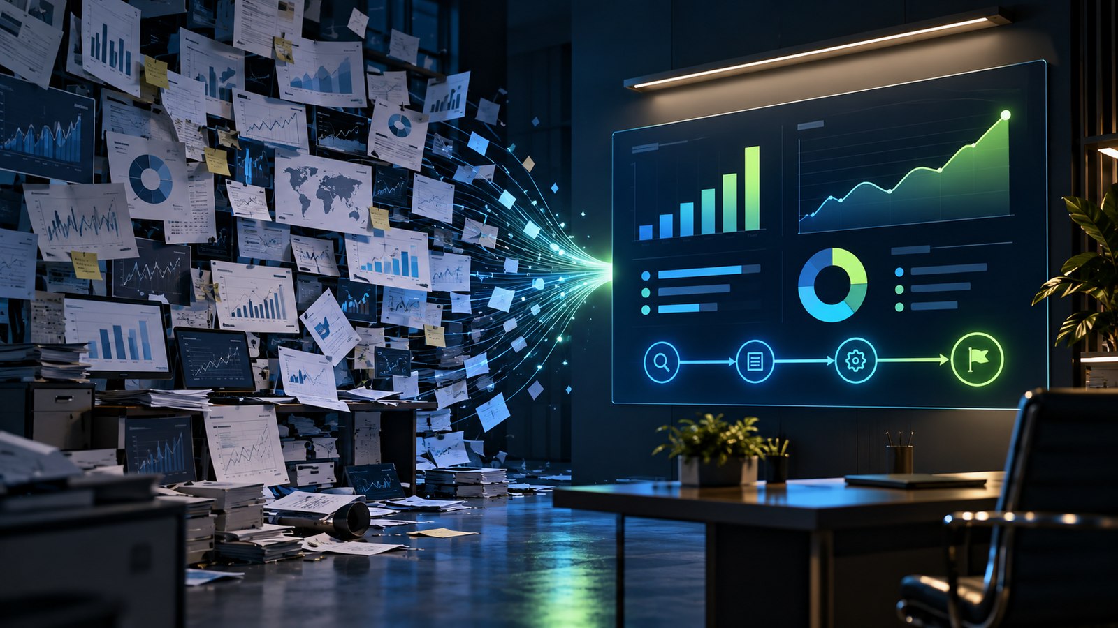 Illustration of cluttered wall of charts distilled into one clear decision board with a meaningful action path