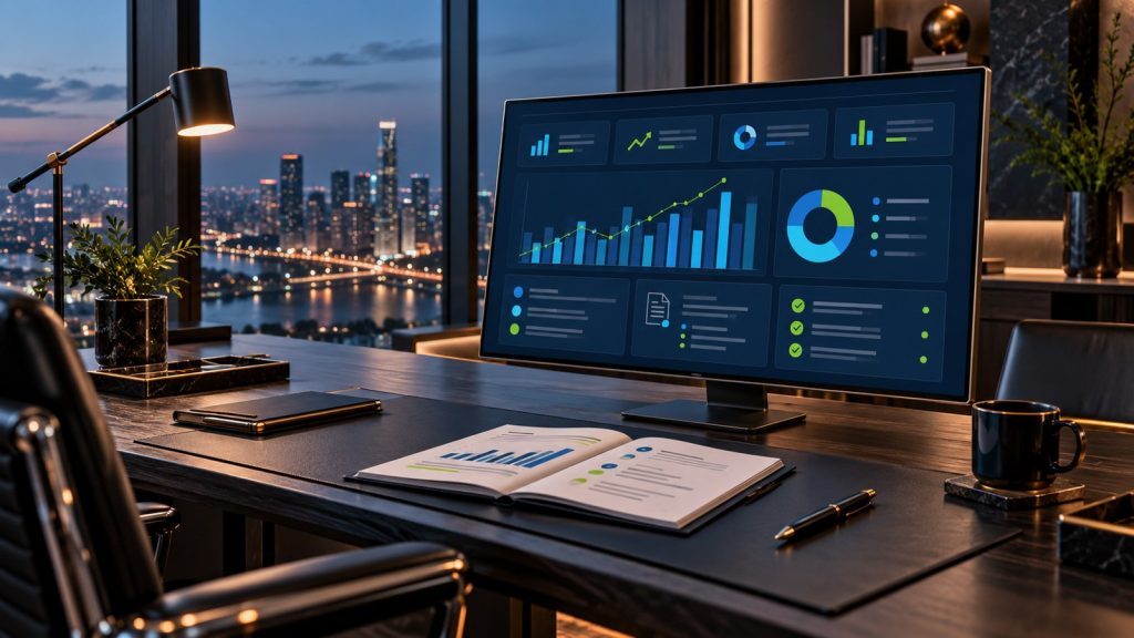 Illustration of executive review desk with a concise decision dashboard, metric definitions and data freshness checks