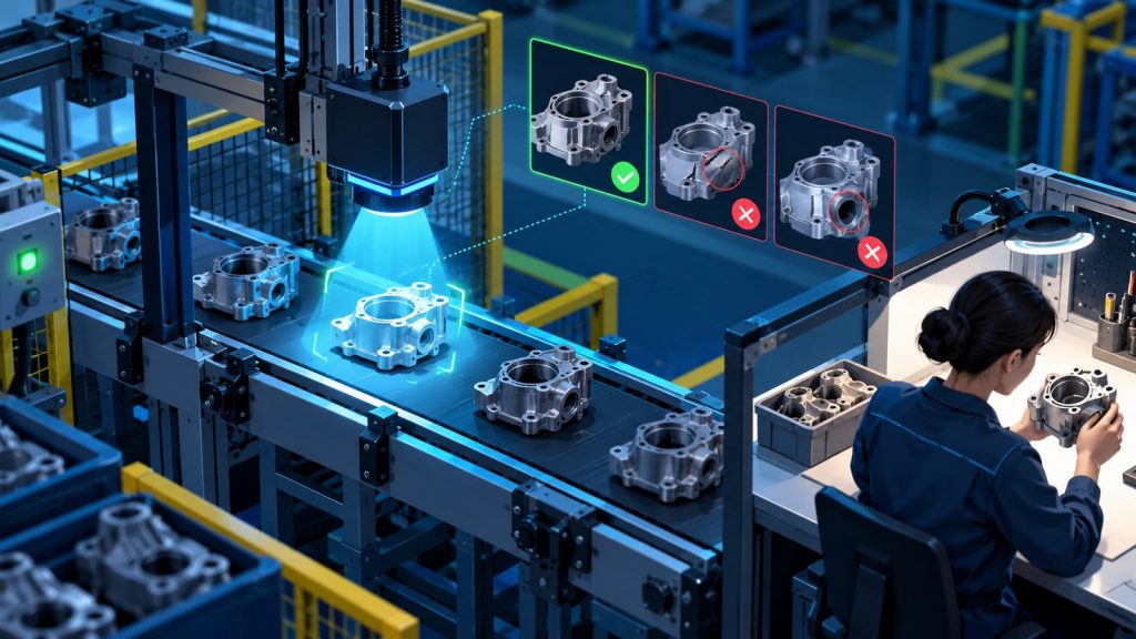 Illustration of factory visual inspection camera comparing variable product images with a human review station