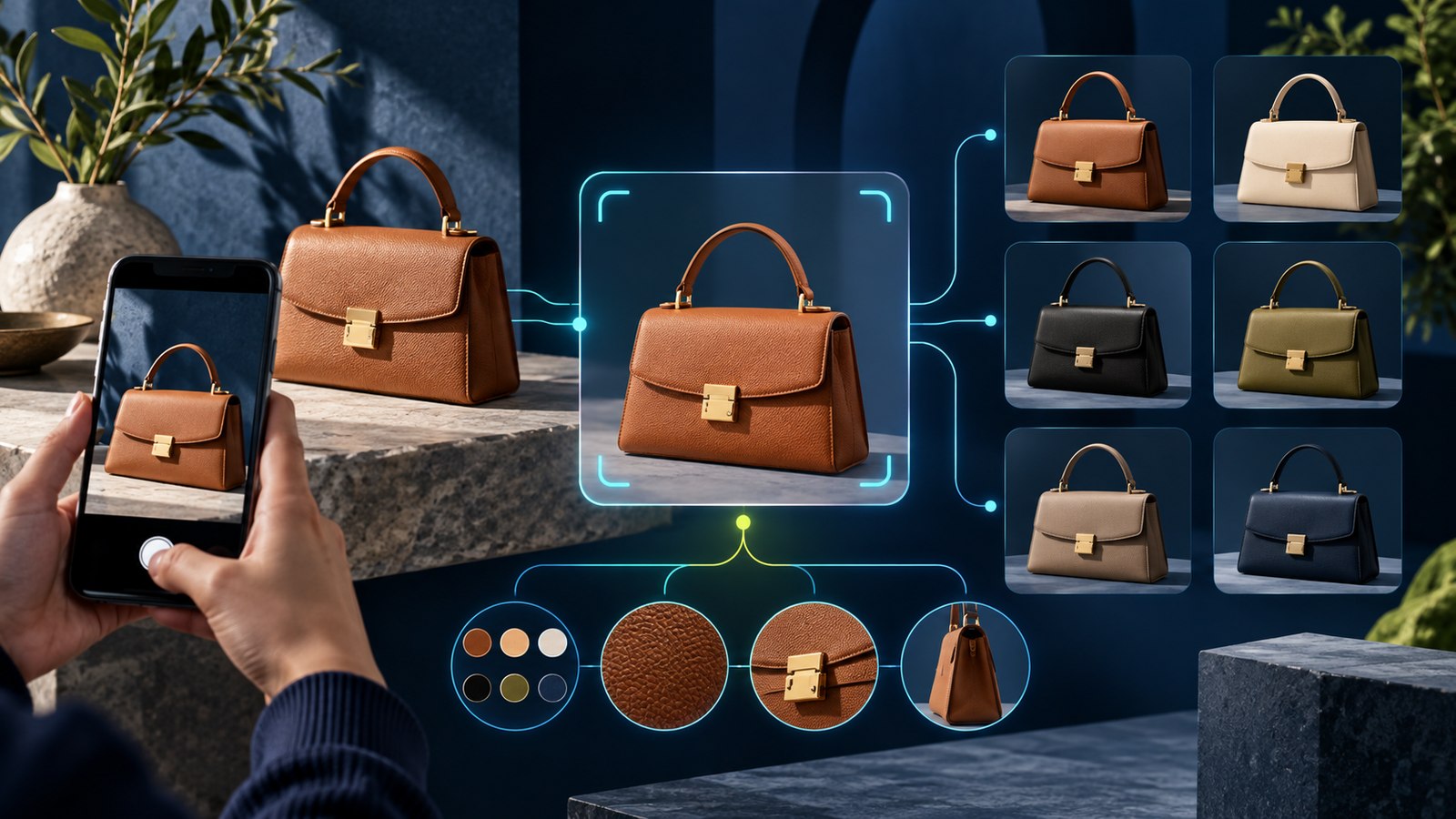 Illustration of customer product photograph translated into visually similar catalog results and merchandising attributes