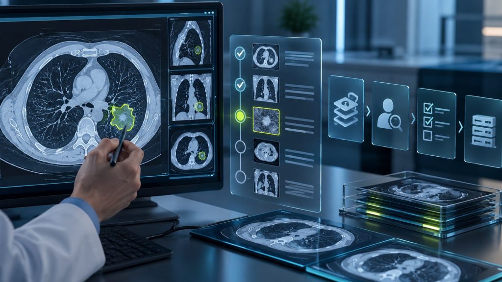 Illustration of medical scan imagery under clinician review with audit trail and uncertain findings highlighted without diagnosis