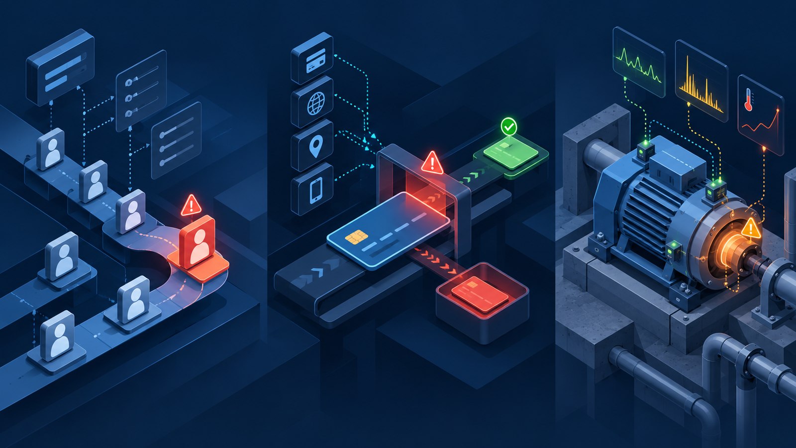 Illustration of three distinct early warning signals across customer retention, transaction risk and industrial equipment