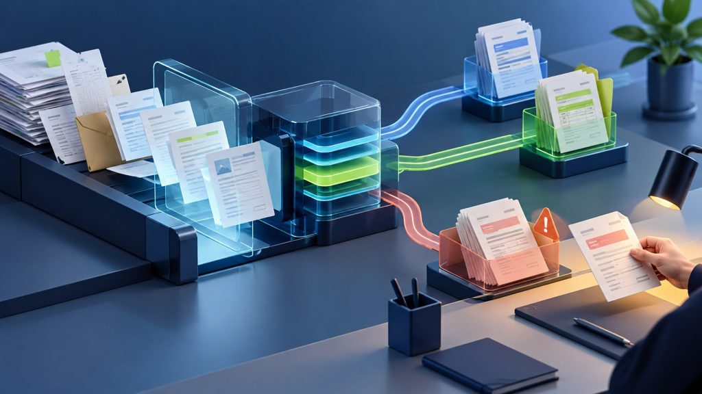 Illustration of inbound documents classified and extracted, uncertain cases routed to a human reviewer