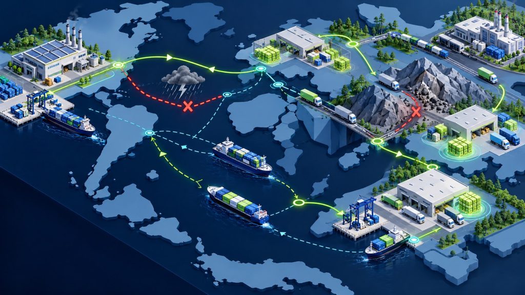 Illustration of multiple supplier routes and inventory buffers recomputed across different disruption scenarios