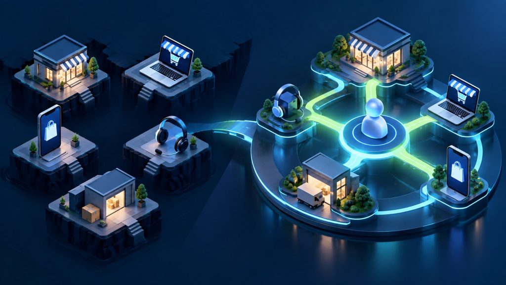 Illustration of separate channel islands contrasted with a connected customer journey preserving context