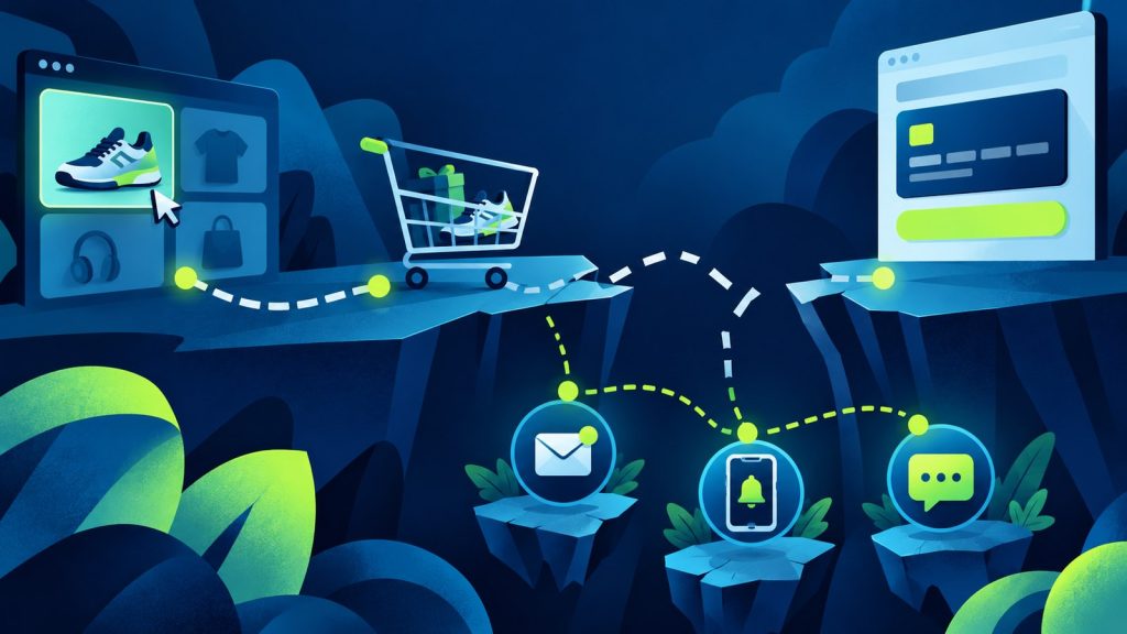 Illustration of checkout path with friction at delivery cost and payment stage and a clear improved route