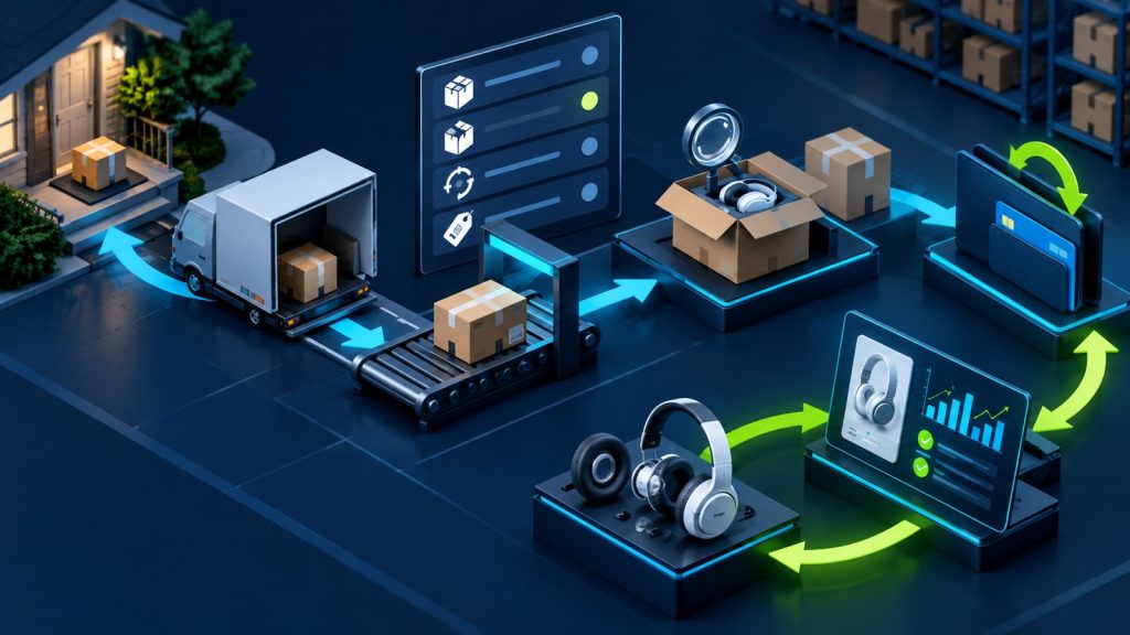 Illustration of reverse logistics journey with reason codes, refund timing and product quality feedback loop