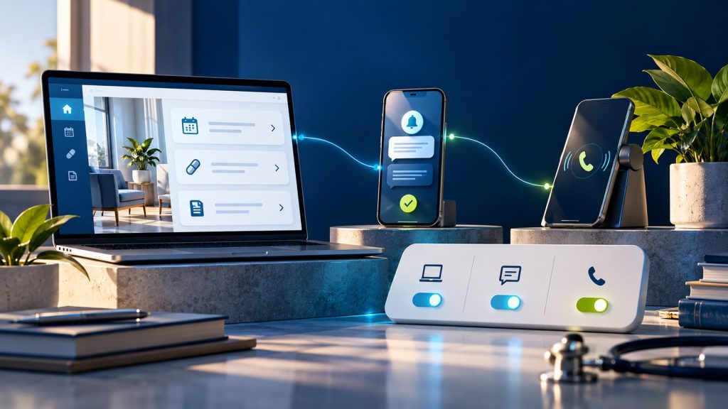 Illustration of patient reminders and follow-up journeys across portal, phone and messaging with preference controls