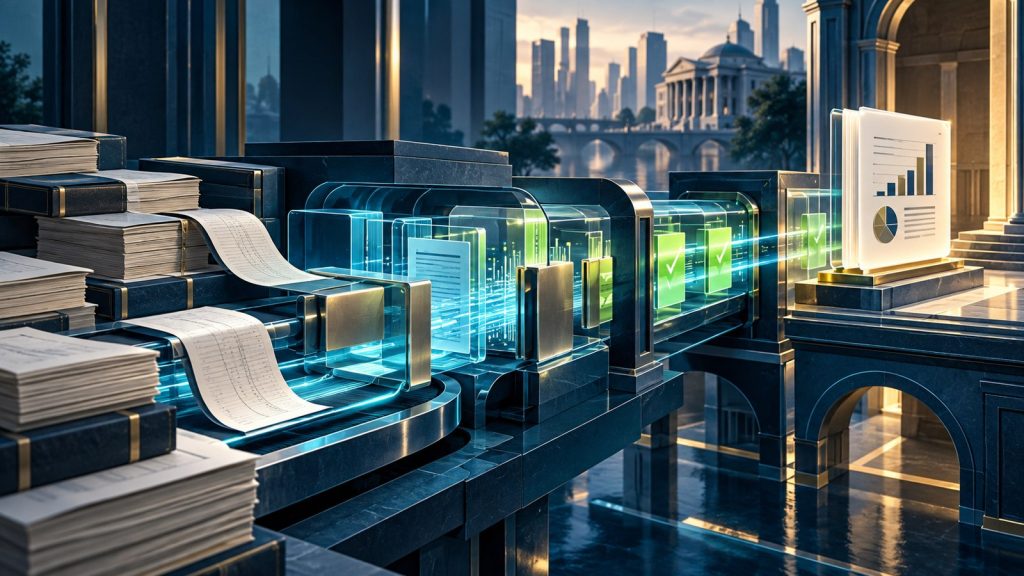Illustration of financial ledgers moving through reconciled data pipeline into auditable reporting