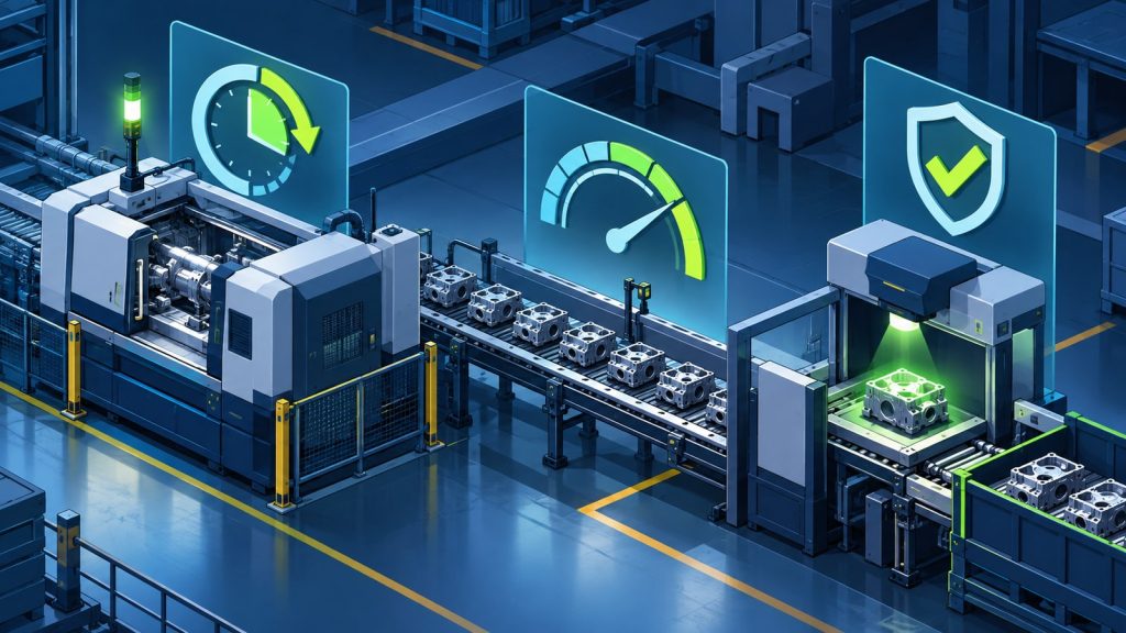 Illustration of factory machine availability, performance and quality as three concrete production measures