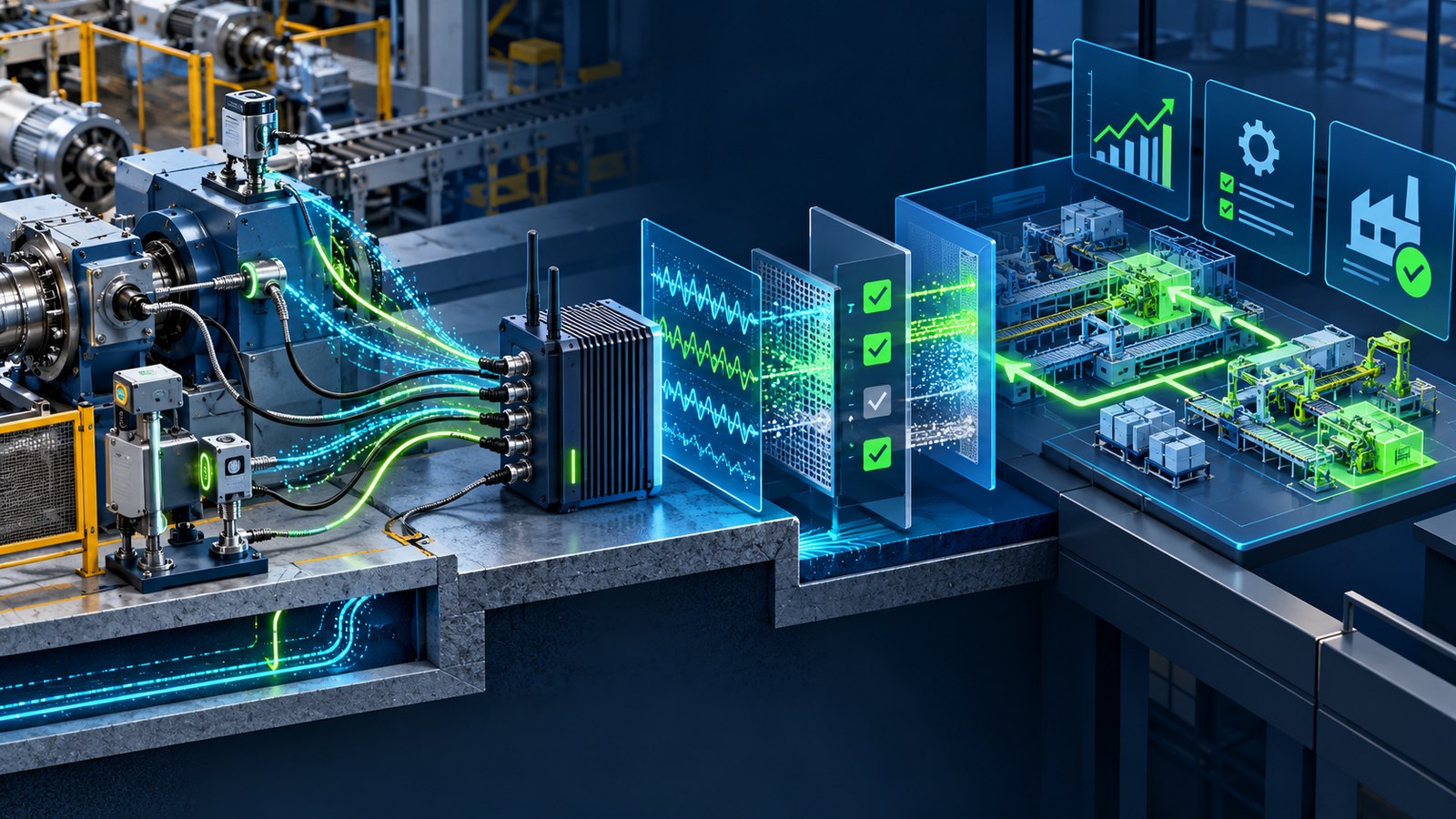 Illustration of industrial sensor signals through edge gateway and quality checks into operations decision board