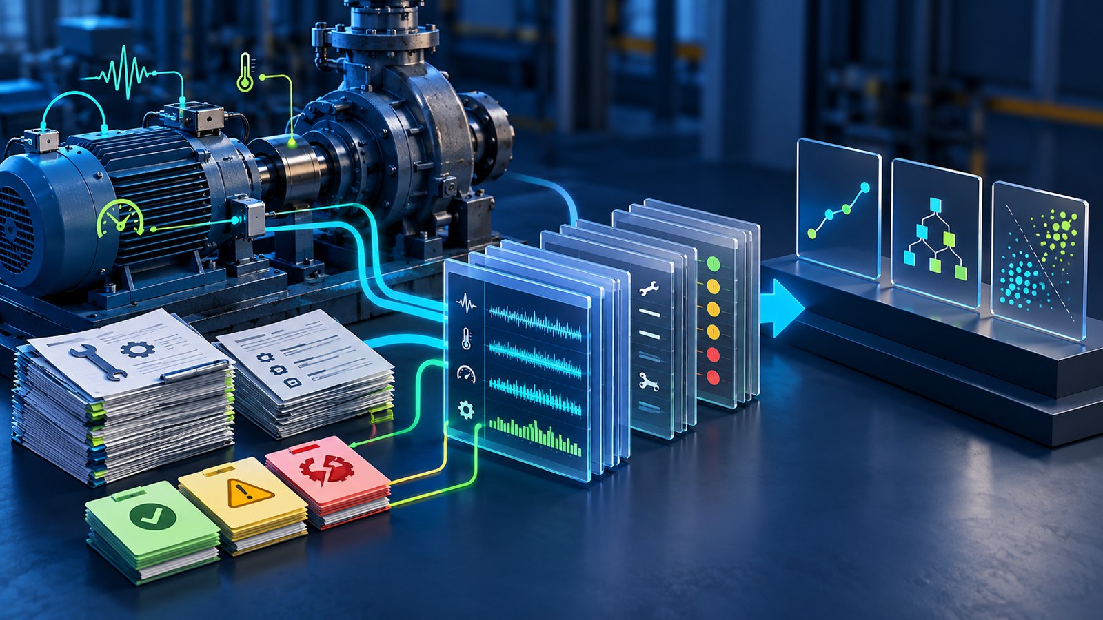 Illustration of machine condition, maintenance logs and failure labels organized before predictive model selection