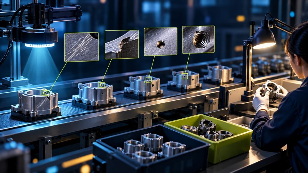 Illustration of production line visual inspection sample set with defect types and manual review station