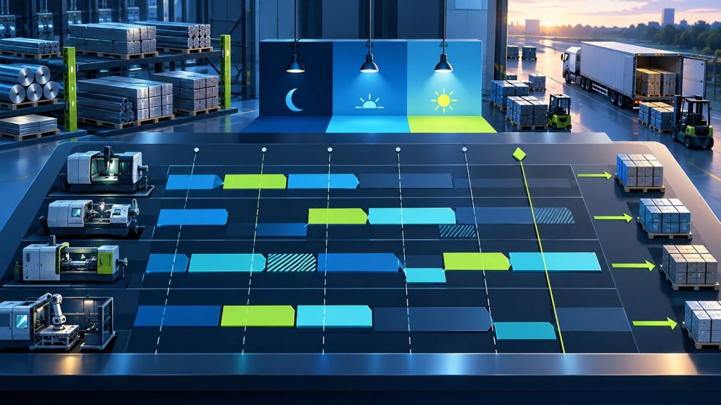 Illustration of production planning board balancing machines, shifts, materials and due dates