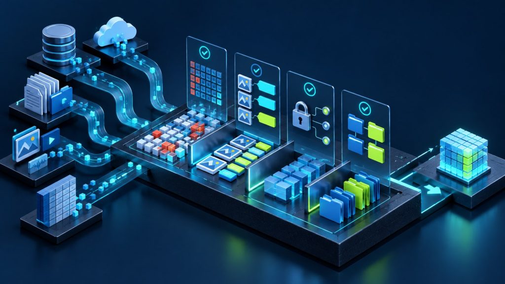 Illustration of AI project workbench showing source data quality, labels, access and ownership before modeling