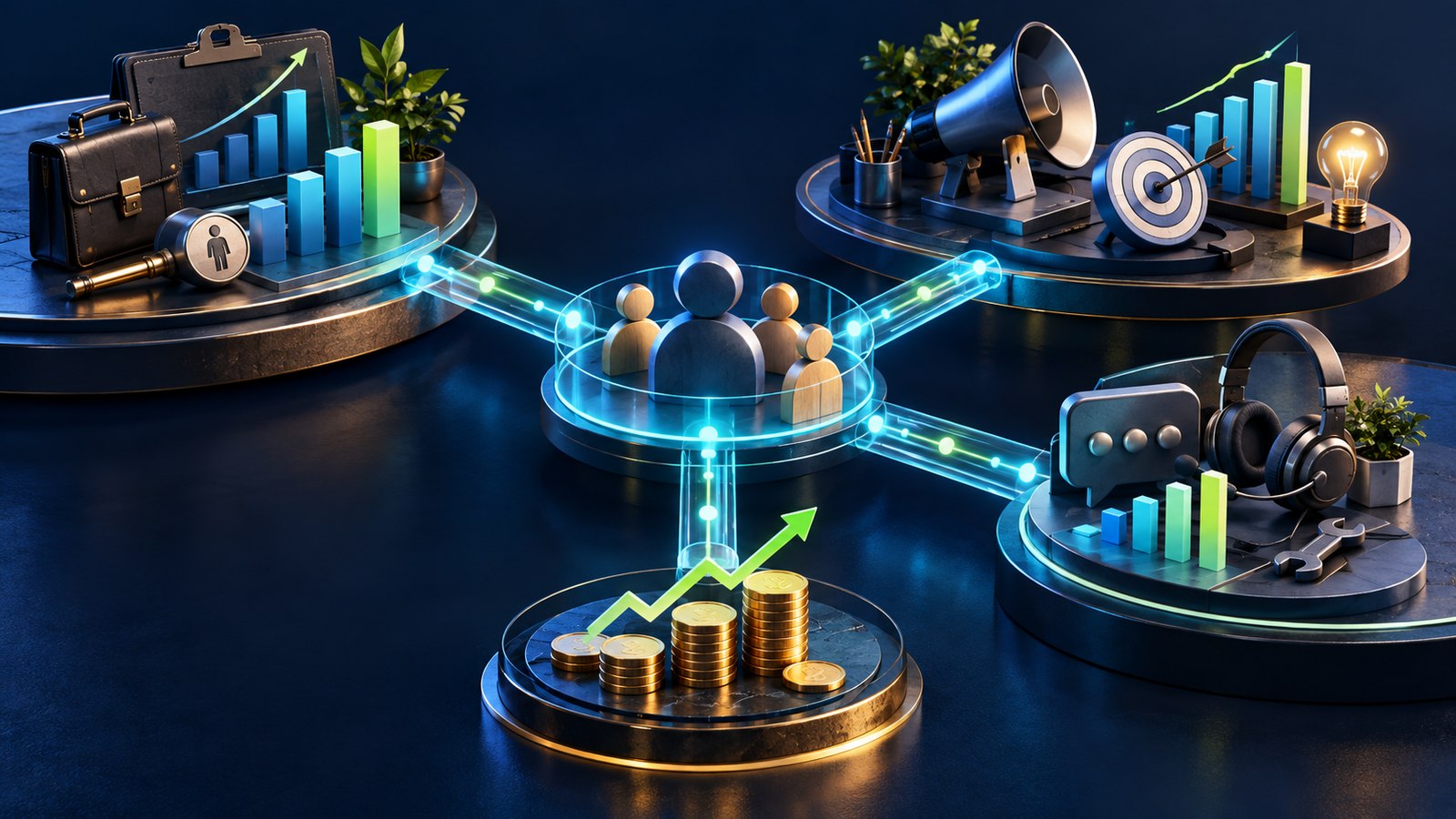 Illustration of three business teams and their metrics connected through consistent customer and revenue definitions