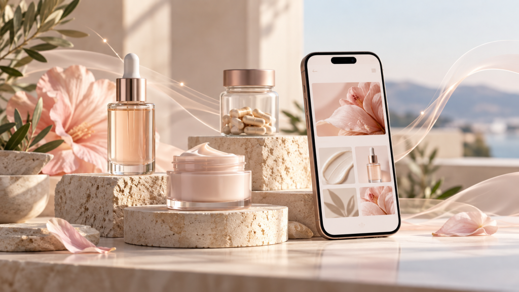 Conceptual illustration of beauty and wellness products beside a mobile shopping experience.